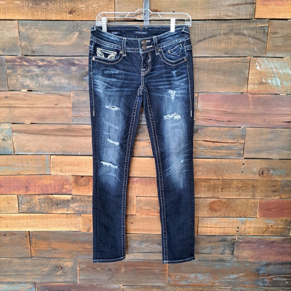 Vigoss Chelsea Boyfriend Jeans Womens Size 1/2 Distressed Ripped Embellished
